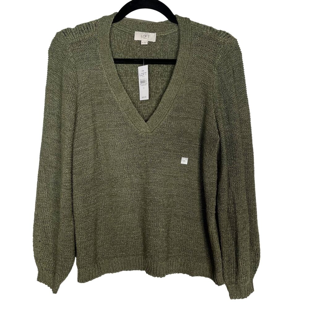 New LOFT Medium M Olive Green Deep V Neck Open Knit Sweater Long Sleeve